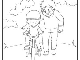 Colorear abuelo enseñando a montar en bicicleta a su nieta